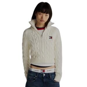 Tommy Jeans M Cable Knit Quarter-Zip Sweater Wool Blend Ivory White Logo Patch